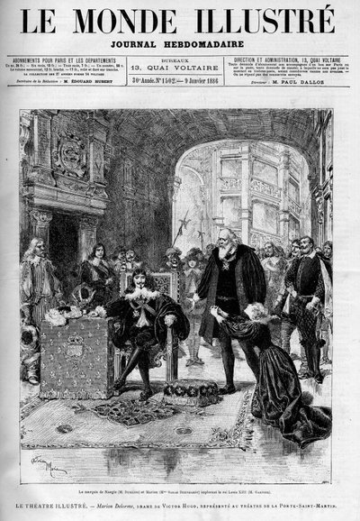 Markisen de Nangis (tolkad av Dumaine) och Marion (av Sarah Bernhardt) bönfaller kung Ludvig XIII (Garnier). Teaterstycket "" Marion Delorme", drama av Victor Hugo (1802-1885) föreställs på teatern vid dörren till Saint Martin efter att ha blivit förbjuden av Unknown artist