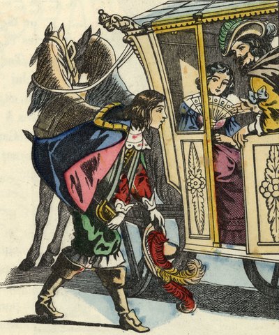 Markisen av Carabas hälsar kungen och prinsessan välkomna i sin vagn. Illustration av berättelsen "The cat botte" av Charles Perrault av Unknown artist