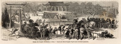 Mikado (kejsaren av Japan) godsägarefält i Kioto (eller Kyoto), tränings- och träningsbana för kejserliga hästar. Gravyr för att illustrera resan till Japan, 1863-1864, av Aime Humbert, minister för Schweiziska edsförbundet, i "Le tour du monde, nouveau av Unknown artist