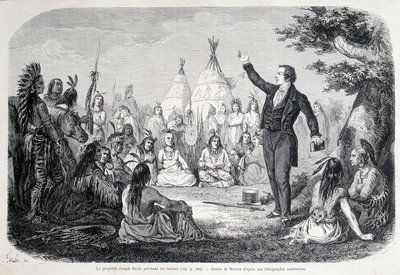 Mormonprofeten Joseph Smith predikar för indianerna (Nordamerika). 1800-talsillustration. av Unknown artist