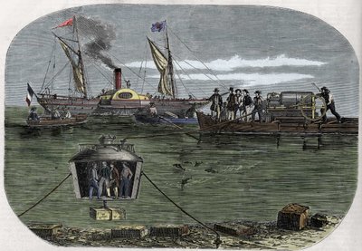 Dr. Antoine Prosper Payernes dykarklocka "Nautilus" experimenterade i Seine i Paris och perfekterades sedan i USA. Gravyr (1858) i Le "" Monde illustrious"". av Unknown artist