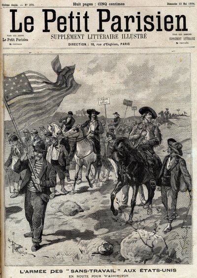 "No Work"-armén i USA på väg till Washington. I april skedde strejker i Pennsylvania och Ohio och en armé av arbetslösa män ledda av Jacob Coxey marscherade till Washington för att kräva arbete. Gravyr i "" Le Parisien"" av Unknown artist
