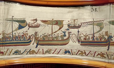 Den normandiska invasionsflottan korsar kanalen, Bayeux Tapestry (ullbroderi på linne) av Unknown artist
