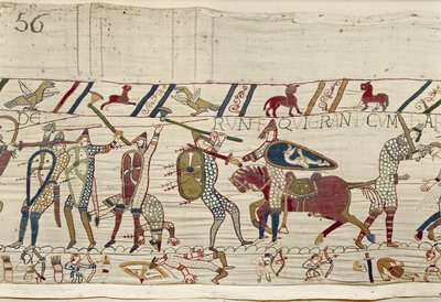 Normanerna slåss och dödar de som var med kung Harold, Bayeux Tapestry (ullbroderi på linne) av Unknown artist