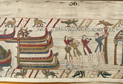 Normanderna drar sina skepp till havet, Bayeux Tapestry (ullbroderi på linne) av Unknown artist