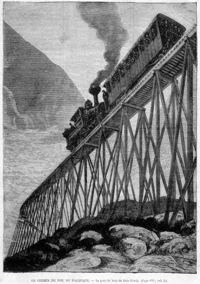 Stillahavsjärnvägen på Dale Creek Wood Bridge - gravyr, sent 1800-tal av Unknown artist