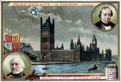 The Palace of Westminster, eller Parliament of London (England), med porträtt av William Ewart Gladstone (1809-1898) och Benjamin Disraeli, Lord Beaconsfield (1804-1881) - Liebig-kromolitografi av Unknown artist