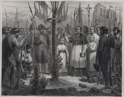 Planteringen av ett frihetsträd under revolutionen (Liberty pole) - Planteringen av ett frihetsträd (poppel) i Frankrike under den franska revolutionen - Gravyr i "Les Fastes Populaires, ou Histoire des acts heroiques du peuple et de son influence av Unknown artist