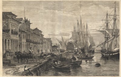 Kajen i Boa Vista, vid San Pedro de Rio Grande do Sul, en hamn i Brasilien - Le quai de Belle-Vue, en San Pedro de Rio Grande (Brasilien) - Kaptenskap i Sao Pedro do Rio Grande do Sul - Gravyr från " "Det lysande universum"" 1866 av Unknown artist
