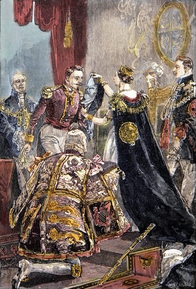 Drottning Victoria ger Fransmännens kejsare Strumpebandsorden på Windsor Castle av Unknown artist