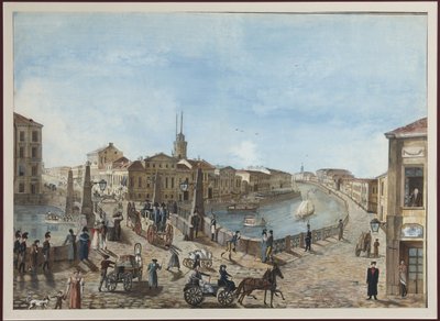 Röda bron över Moikafloden i Sankt Petersburg - Anonym. Akvarell och vit färg på papper av Unknown artist