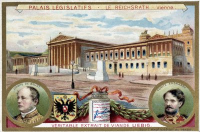 Reichsrath Palace, Wien (Österrike), med porträtt av greve Friedrich Ferdinand de Beust (1809-1886) och greve Gyula Andrassy (1823-1890) - Liebig-kromolitografi av Unknown artist