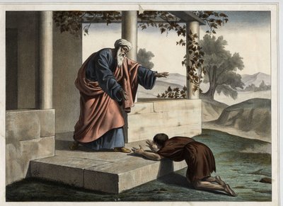 The Return of the Prodigal Son - Liknelsen om den förlorade sonen: det förlorade barnets återkomst till sin far. Anonym gravyr från mitten av 1800-talet. av Unknown artist
