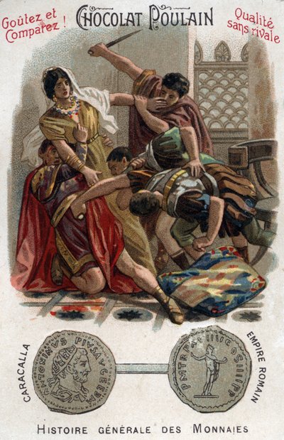 Den romerske kejsaren Caracalla (188-217) mördade sin bror Geta i sin mors armar. I Myntens allmänna historia. Choklad-fölkromolitografi från slutet av 1800-talet. Privat samling. av Unknown artist