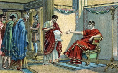 Den romerske kejsaren Konstantin (272-337) fastställde de första religiösa lagarna om troslikhet. Kromolitografi från slutet av 1800-talet. av Unknown artist
