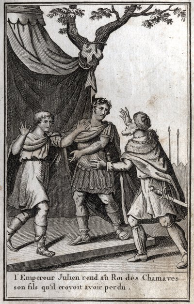 Den romerske kejsaren Julianus (Flavius Claudius Julianus, Julianus avfällingen, Julianus filosofen, Julianus II) (332-363) ger tillbaka till kungen av det germanska folket i Chamaves sin son som han trodde att han hade förlorat. 4:e århundradet. Gravyr i  av Unknown artist