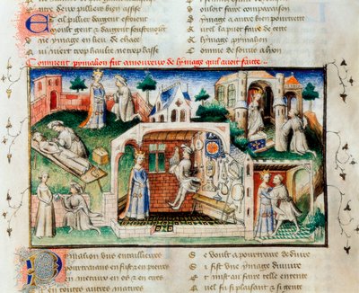 "" The Roman of the Rose "": "" Hur Pygmalion blev kär i statyn han hade gjort "". Miniatyr av 1300-talet. Bibliotek vid universitetet i Valencia. av Unknown artist