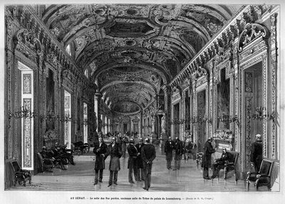 Senatens lobby, före detta Throne Hall, Palais du Luxembourg. Gravyr i "" Le Monde illustrious"" 1883. Privat samling. av Unknown artist