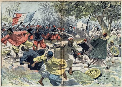 De sudanesiska trupperna i Samory Toure (cirka 1835-1900) placerades bakom floden Cavalbyflodens strand av en fransk koloni under löjtnant Walfel. Sudan, 9 september 1898. Illustration i "" Le Pelerin"" den 9 oktober av Unknown artist