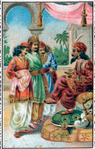 Sultanen och hans söner. Prins Ahmeds historia och avgiften Paris-Banou (Pari Banou) (Paribanu). Saga om 1001 nätter (sagor om tusen och en natt). Kromolitografi från slutet av 1800-talet. av Unknown artist