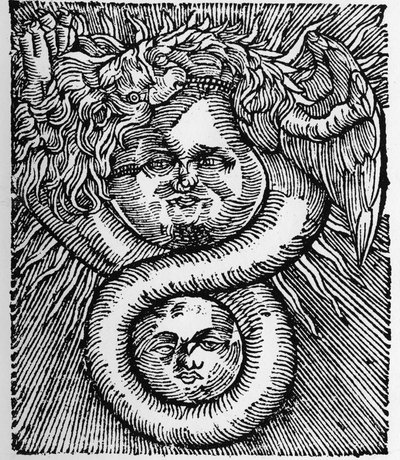 Solen och månen: förenade av draken - Gravyr från Basil Valentines verk "Filosofernas Azoth". Paris av Unknown artist