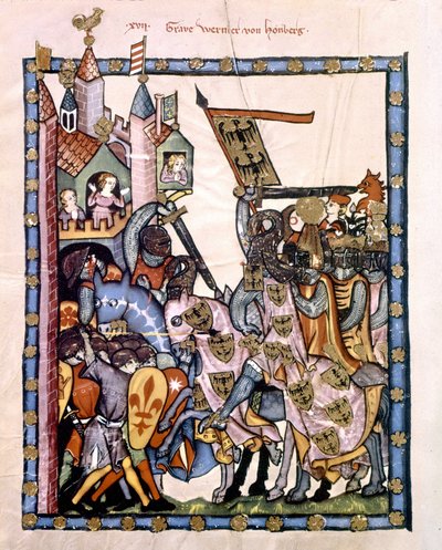 Den schweiziske poeten och riddaren Graf Werner von Homberg (1284-1320) i kejsar Henrik VII:s tjänst belägrade ett fäste som försvarades av Angevine-trupperna på Sicilien. Miniatyr av Codex "Manesse", eller "Manessesche Liederhandschrift", som är ett manus av Unknown artist