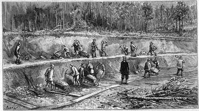 Den transsibiriska järnvägen: Kinesisk arbetarplats. (Från ett fotografi). Gravyr i "" Nature: granskning av vetenskaperna och deras tillämpningar på konst och industri "" av 5 oktober 1895. av Unknown artist