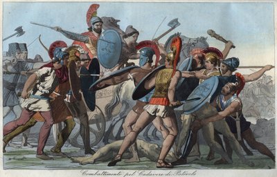 Det trojanska kriget - Slaget om Patroklos kropp - gravering från "" Tullar och seder för alla folk i universum. Det vill säga historien om regeringen, om lagarna, om milisen, om alla nationers religion från de mest avlägsna tiderna till våra dagar "18 av Unknown artist