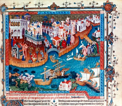 Den venetianske upptäcktsresanden Marco Polo lämnade staden Venedig med sin far och farbror 1271: han begav sig till Fjärran Östern och tog Silk Road, miniatyr av Unknown artist