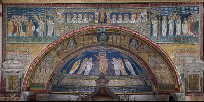 Visionen om det himmelska Jerusalem: De utvalda välkomnas av änglarna. Nedan, Guds lamm. Detalj. Mosaik omkring 830. Triumfbåge av basilikan Santa Prassede, Rom av Unknown artist