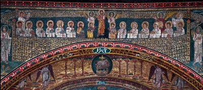 Visionen om det himmelska Jerusalem: De utvalda välkomnas av änglarna. Nedan, Guds lamm. Detalj. Mosaik omkring 830. Triumfbåge av basilikan Santa Prassede, Rom av Unknown artist