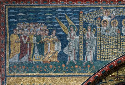 The Vision of Celestial Jerusalem: De utvalda flyttar mot staden som bevakas av änglar. Detalj. Mosaik omkring 830. Triumfbåge av basilikan Santa Prassede, Rom av Unknown artist
