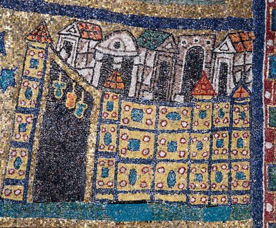 Visionen om det himmelska Jerusalem: detalj av Jerusalem representerad i befäst citat. Mosaik omkring 830. Triumfbåge av basilikan Santa Prassede, Rom av Unknown artist