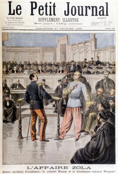 Zola-fallet: allvarlig incident med förhör mellan överste Hubert Henry (1846-1898) och överstelöjtnant Georges Picquart (1854-1914) - i "" Le Petite Journal"" av 1898-02-27 av Unknown artist