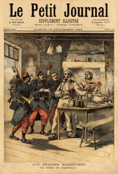 Inkvarteringsbiljetten, tillhandahållen av armén till sina soldater i fält för att begära boende från civila. Gravyr i "" Le petit journal"" 1893-09-23. Selvas samling. av Unknown artist