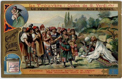 Akt II scen 1.Illustration till operan "" Fyndet"" (Il trovatore) av Giuseppe Verdi (1813-1901). Kromolitografi (Chromo) Liebig från slutet av 1800-talet. av Unknown artist