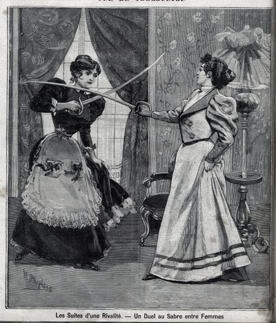 Efterdyningarna av en rivalitet: en svärdduell mellan kvinnor. Gravyr i "" Le Parisien"" av Unknown artist