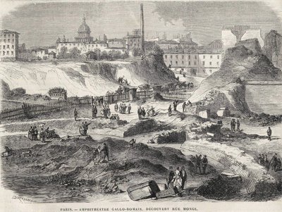 Amfiteatern Gallo Romain upptäckte vid Rue Monge i Paris 1870, idag Arenes de Lutèce. Gravyr av 1800-talet. av Unknown artist