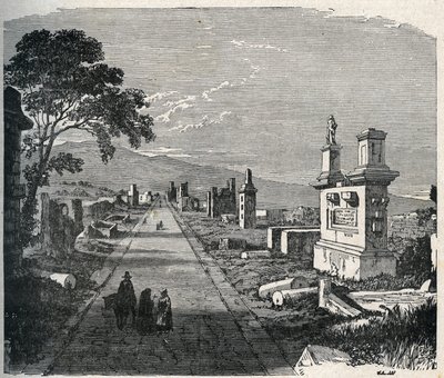 Den antika Appia-vägen, via appia som korsar pontins myrar (Agro pontino) nära Rom. Gravyr av 1800-talet. av Unknown artist