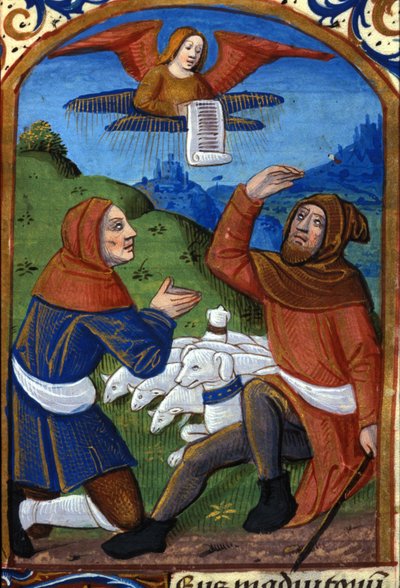 Ängeln tillkännager för herdarna Jesu födelse. 1400-talsmanuskript. Biblioteca Nazionale Braidense, Milano av Unknown artist