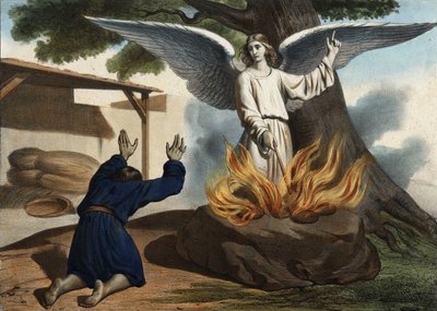 Ängeln dyker upp i Gideon (Gideon) för att befria Israels folk från ockupationen av madianiterna. Anonym gravyr från mitten av 1800-talet. av Unknown artist