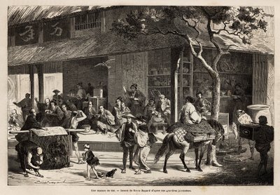 Animationen av ett hus och gatans aktiviteter. Gravyr för att illustrera resan till Japan, 1863-1864, av Aime Humbert, minister för Schweiziska edsförbundet, i "" Le tour du monde, nouveau journal des voyages"" publicerad under ledning av Unknown artist