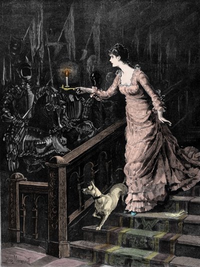 Vapenhuset spökade: en ung kvinna går ner för trappan i en trappa och riktar ljuset hon håller i handen mot en rustning. Illustration av det sena 1800-talet av Unknown artist