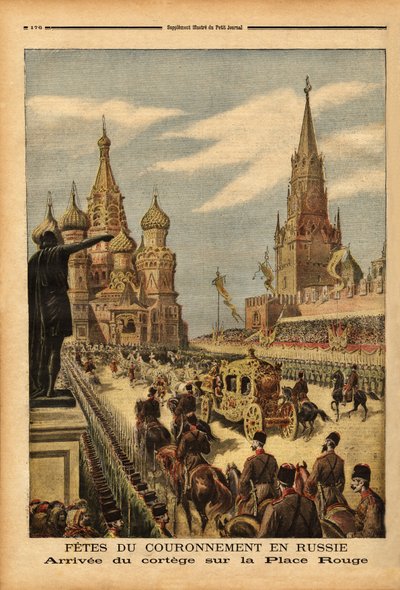 Ankomsten av kortegen på Röda torget (Moskva), med anledning av kröningen av tsar Nicholas II (1868-1918). Gravyr i "" Le petit journal"" 1896-05-31. Selvas samling. av Unknown artist