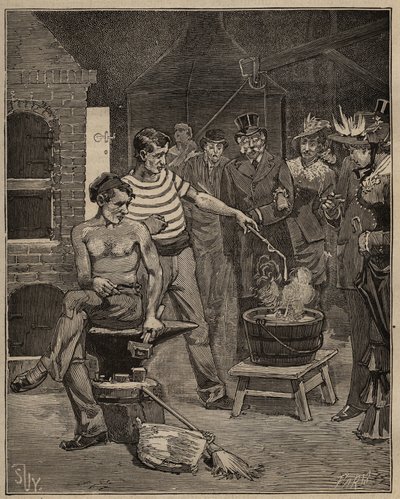 Glaskonsten: erfarenhet av bataviska tårar. Droppar av smält glas släpps i ett kallvattenbad, som fryser i form av tårar. Gravyr från 1885 i "" Les arts et metiers illustres"" av Adolphe BITARD. av Unknown artist
