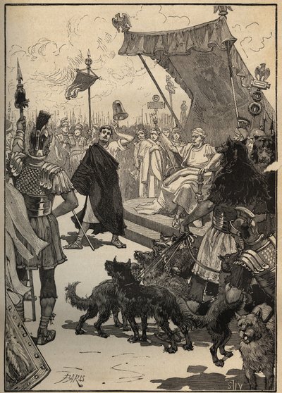 Glaskonsten: glas härdat i antikens Rom. En hantverkare kastar en glasvas mot plattor och föremålet går inte sönder till åskådarnas förvåning, inklusive kejsar Tibere (Tiberio Claudio Nerone, 42 f.Kr.-37 e.Kr.). Gravyr från 1885 i "" Les arts av Unknown artist