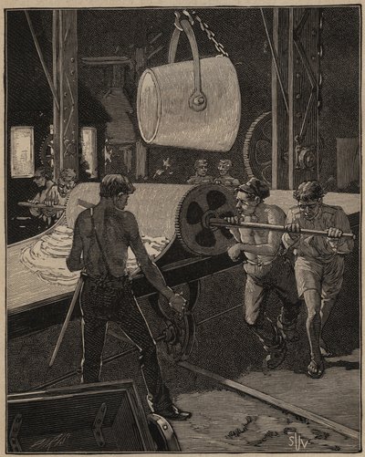 Glaskonsten: att göra glass. Steg som kallas "det stora flödet". Gravyr från 1885 i "" Les arts et metiers illustres"" av Adolphe BITARD. av Unknown artist