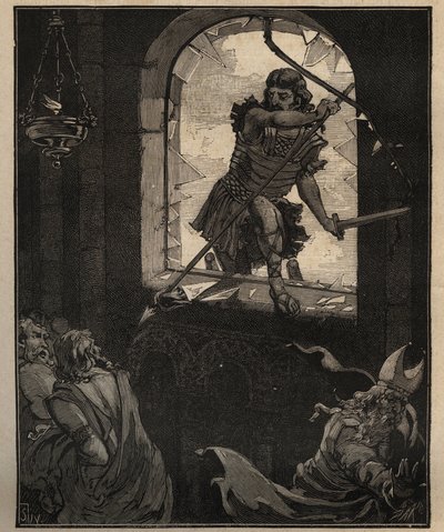Glaskonsten: målade glasmålade fönster. Theodorics soldater krossar ett målat glasfönster för att komma in i kyrkan Brioude (Haute Loire) år 521. Gravyr från 1885 i "" Les arts et metiers illustres"" av Adolphe BITARD. av Unknown artist