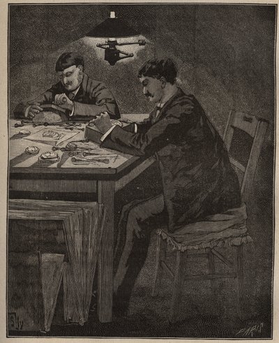 The art of lapidary: gravering av camee shell (camee-shell). Gravyr från 1885 i "" Les arts et metiers illustres"" av Adolphe BITARD. av Unknown artist