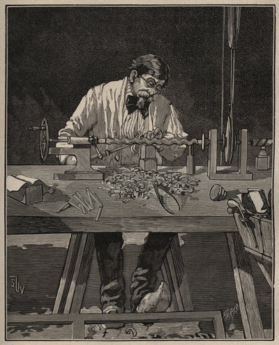 Konsten att svarv: fasonering av en bålpelare. Gravyr från 1885 i "" Les arts et metiers illustres"" av Adolphe BITARD. av Unknown artist